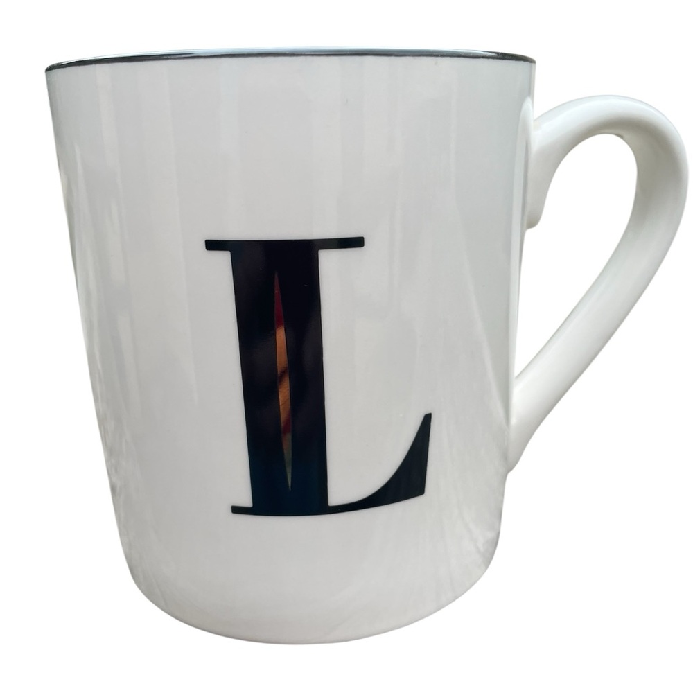 Threshold Stonewear Mug White with Black Trim Initial L in Black with Gold